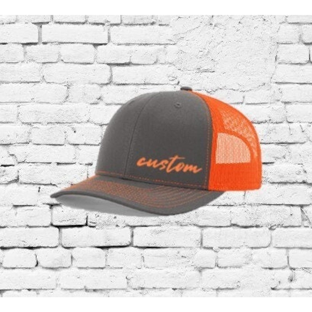 Custom Embroidery Trucker Hat Charcoal Grey and Neon Orange Richardson 112